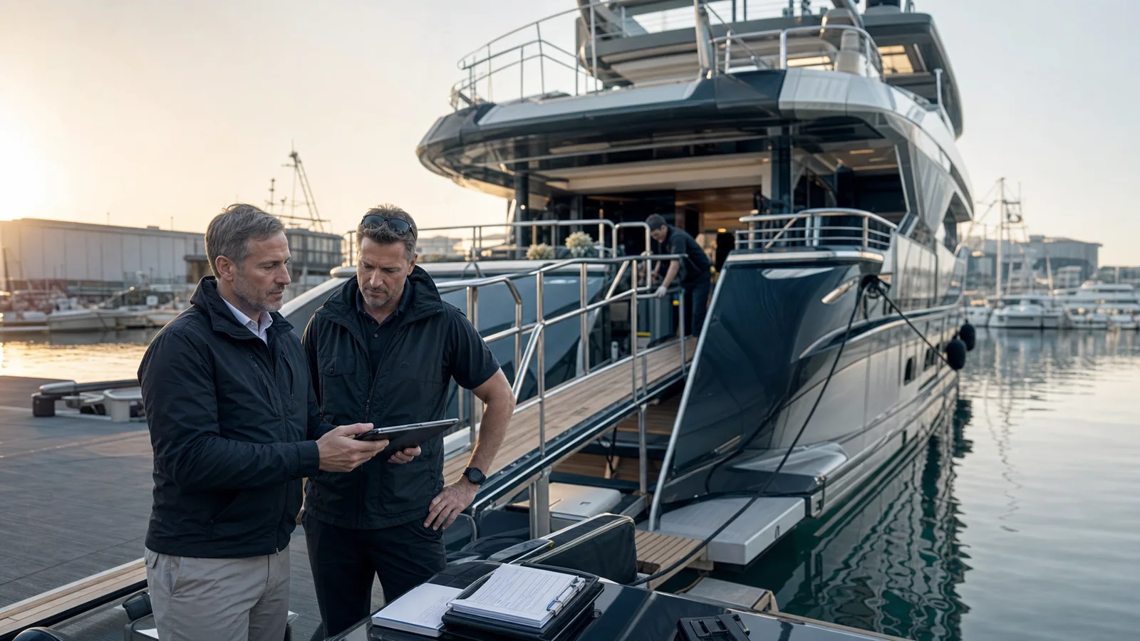 Marine operations professionals coordinating yacht readiness at a marina