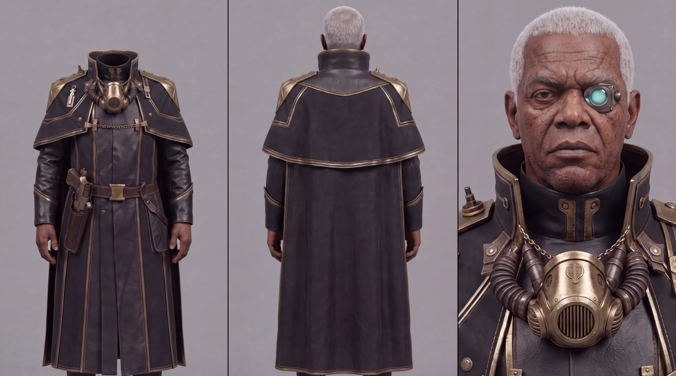 Awfully Good AI character development artwork featuring a futuristic brass-armored character