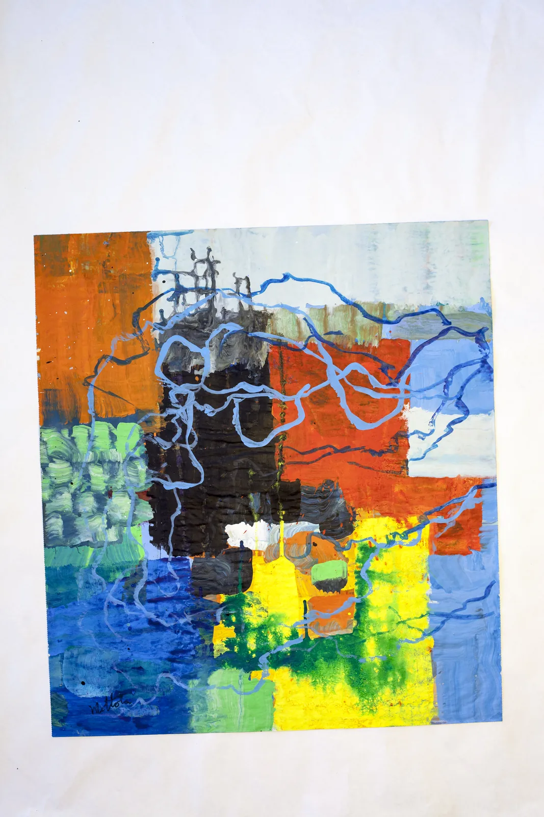 Colorful abstract work by Fil Mottola with blue, orange, green, and yellow forms