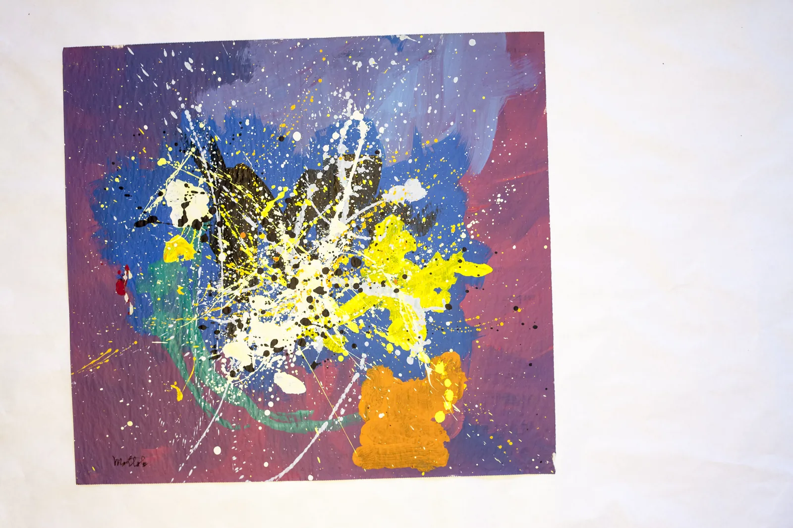 Abstract work by Fil Mottola with purple, blue, yellow, and expressive paint splashes
