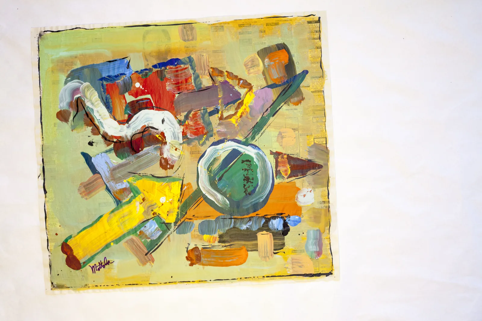 Abstract work by Fil Mottola with layered green, orange, red, and circular forms