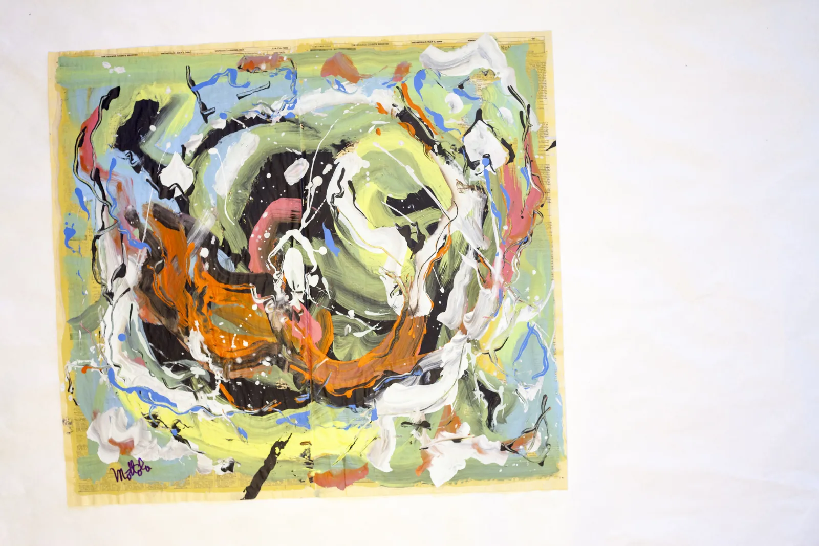 Abstract work by Fil Mottola with sweeping green, orange, black, and white forms