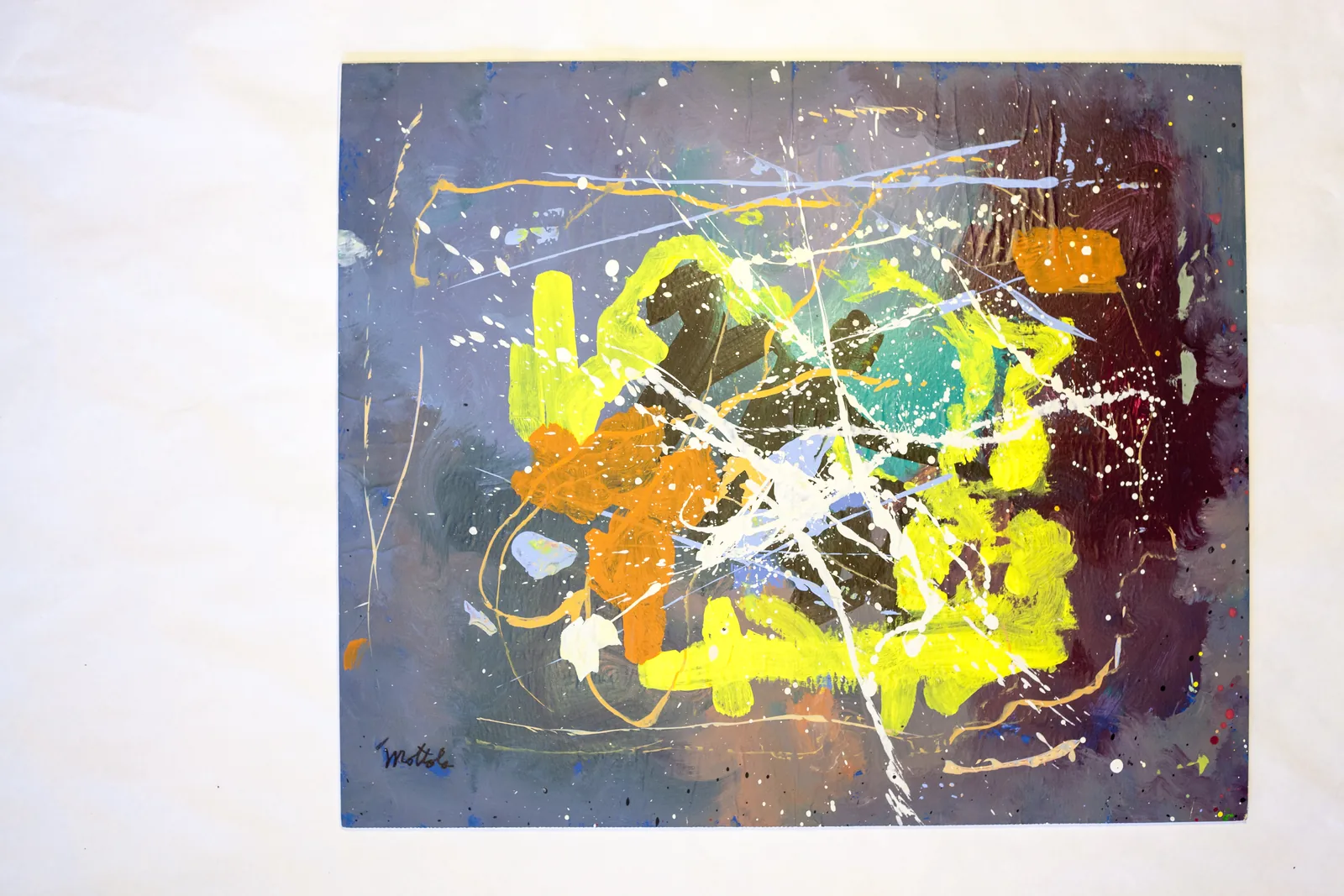 Abstract work by Fil Mottola with a deep blue ground and vivid yellow and orange marks