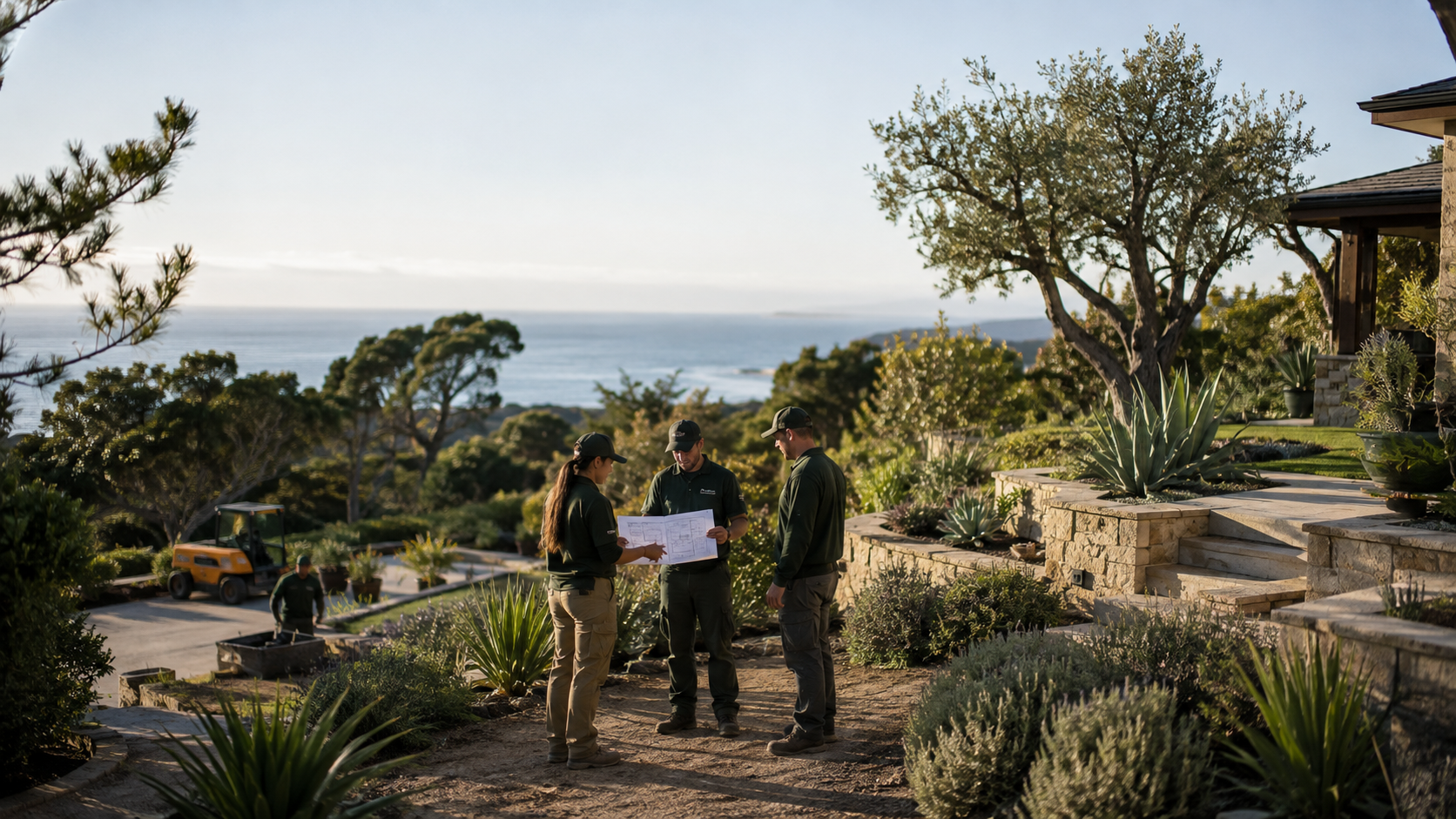 Landscape design team reviewing a residential outdoor project